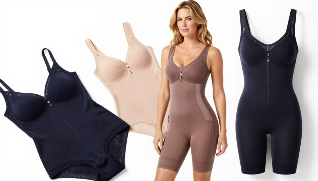 Photorealistic image of Sara Blakely's original Spanx shapewear products displayed on a minimalist white background, high-end studio lighting.