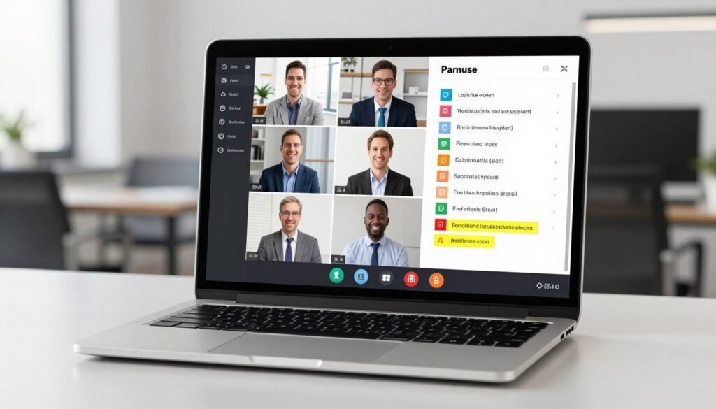 Realistic 3D rendering of a professional video conference interface on a laptop screen, showing a sidebar with real-time AI transcription and highlighted action items, clean office background. Realistic 3D rendering of a professional video conference interface on a laptop screen, showing a sidebar with real-time AI transcription and highlighted action items, clean office background.