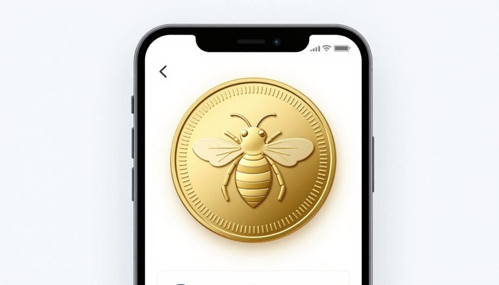 Shiny digital gold coins with a bee emblem inside a smartphone app interface, representing virtual currency for one-time microtransactions. Shiny digital gold coins with a bee emblem inside a smartphone app interface, representing virtual currency for one-time microtransactions.