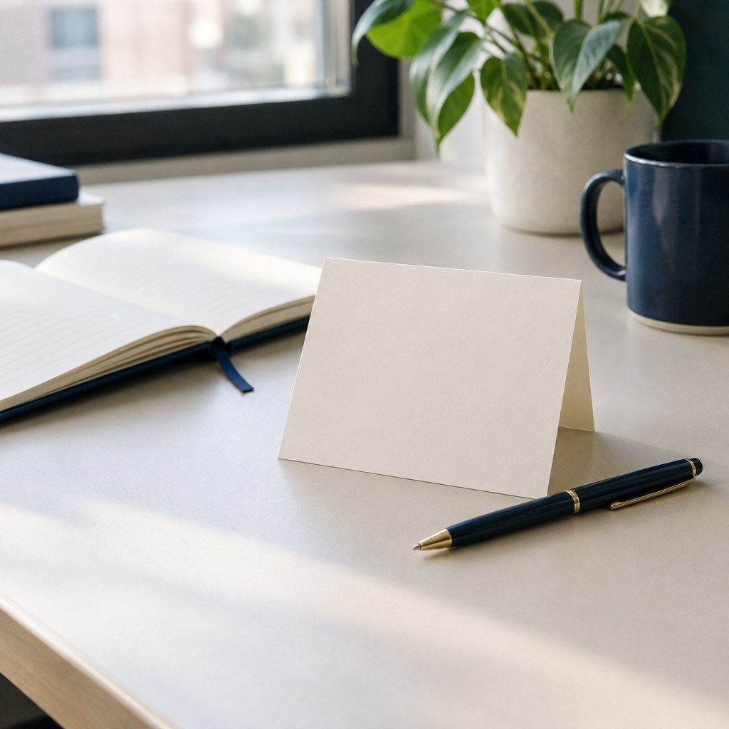 A blank thank-you card and pen on an office desk for Boss’s Day.