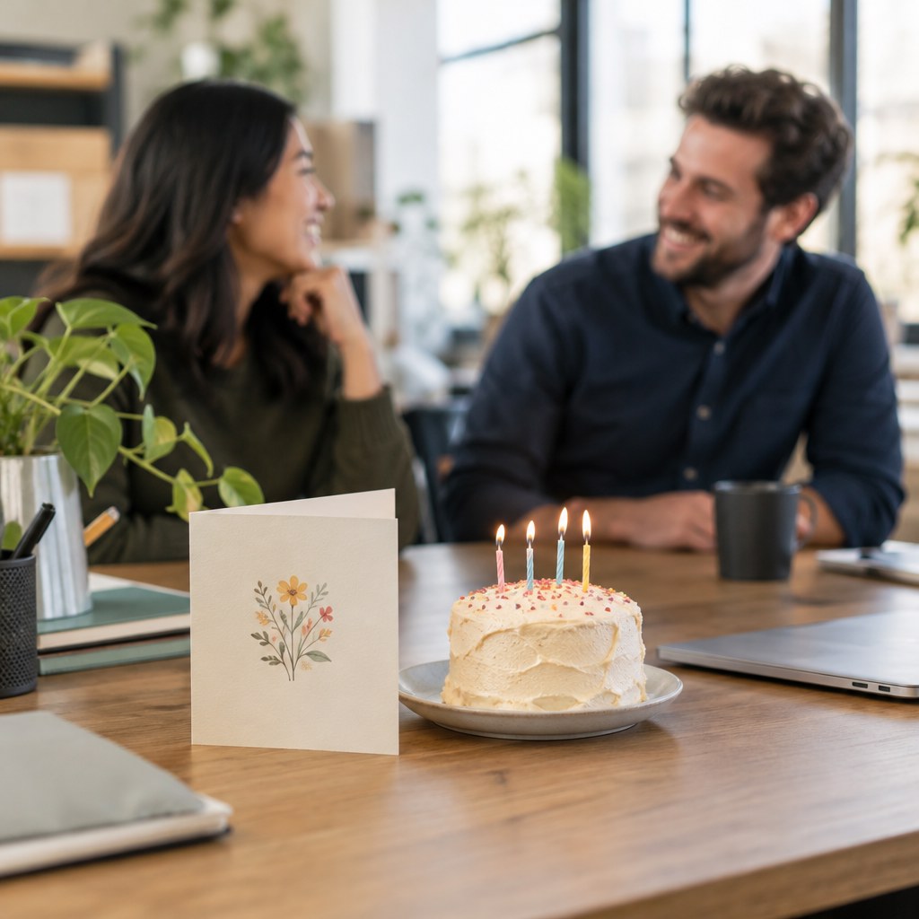 Colleagues mark a work anniversary with a card and small cake.